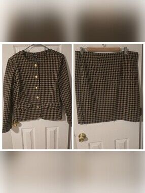 Houndstooth Two-Piece Skirt Suit - Brown & Black